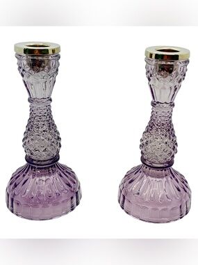 Set of 2 Elegant Dusty Purple Pressed Glass Candle Holders